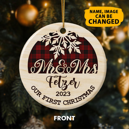 Our 1st Christmas Ornaments Custom Photo And Name Double Sided Printed Ceramic Circle Ornament For New Married Couple