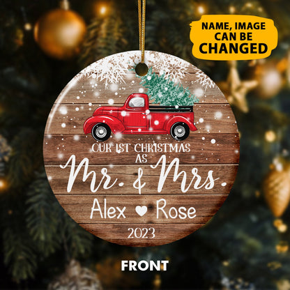 Our 1st Christmas Ornaments Customized Name And Photo Double Sided Printed Ceramic Circle Ornament For New Married Couple