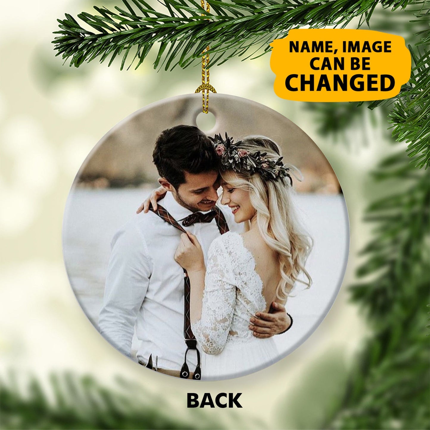 Our 1st Christmas Ornaments Customized Name And Photo Double Sided Printed Ceramic Circle Ornament For New Married Couple