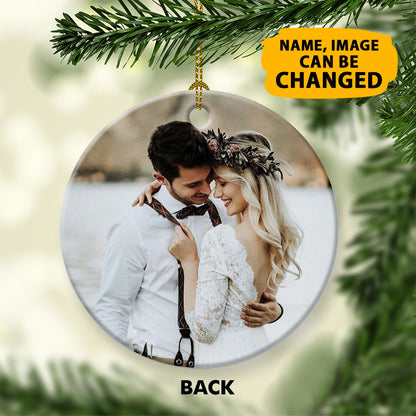 Our 1st Christmas Ornaments Customized Name And Photo Double Sided Printed Ceramic Circle Ornament For New Married Couple