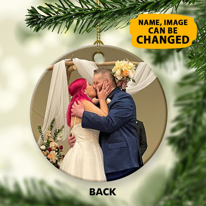 Our 1st Christmas Ornaments Custom Photo And Name Double Sided Printed Ceramic Circle Ornament For New Married Couple