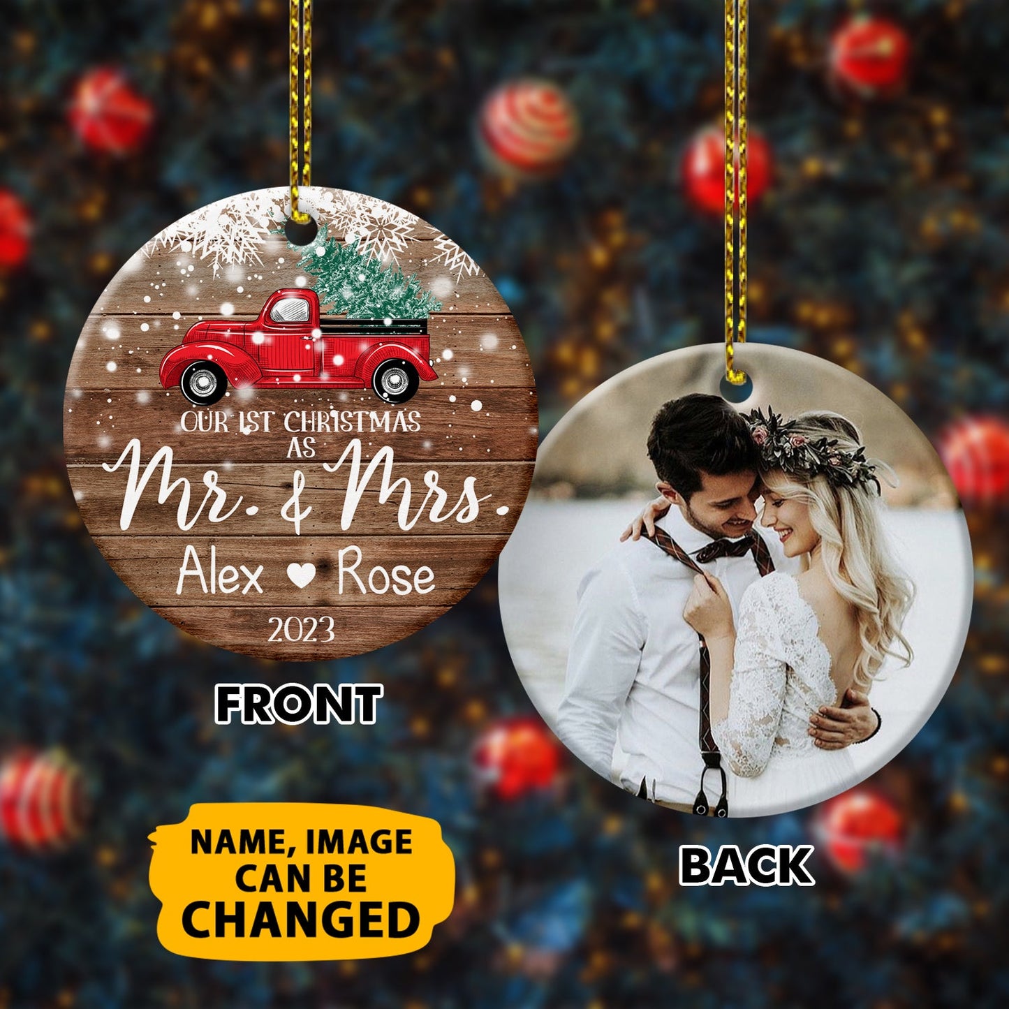 Our 1st Christmas Ornaments Customized Name And Photo Double Sided Printed Ceramic Circle Ornament For New Married Couple