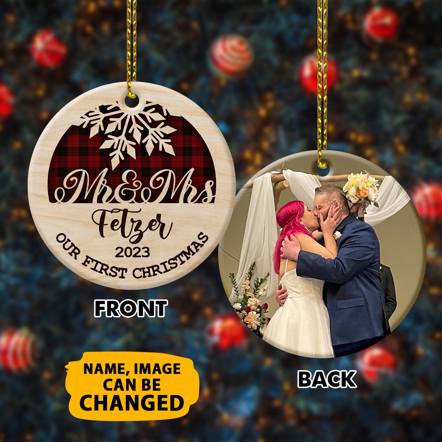 Our 1st Christmas Ornaments Custom Photo And Name Double Sided Printed Ceramic Circle Ornament For New Married Couple
