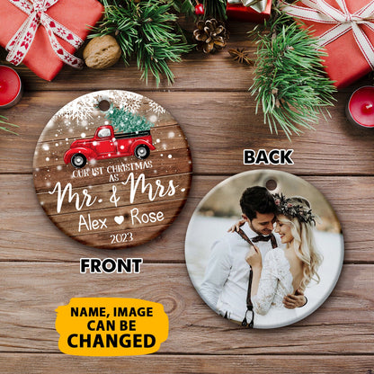 Our 1st Christmas Ornaments Customized Name And Photo Double Sided Printed Ceramic Circle Ornament For New Married Couple