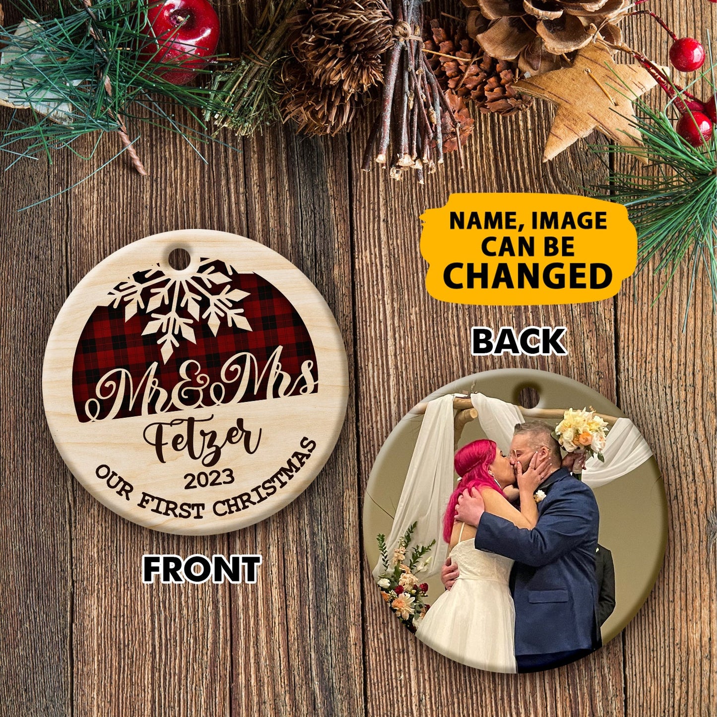 Our 1st Christmas Ornaments Custom Photo And Name Double Sided Printed Ceramic Circle Ornament For New Married Couple