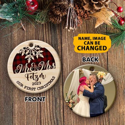 Our 1st Christmas Ornaments Custom Photo And Name Double Sided Printed Ceramic Circle Ornament For New Married Couple