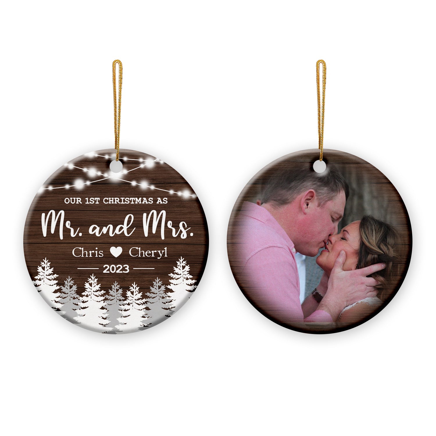 New Married Couple Ornaments Customized Photo And Name Our 1st Christmas Double Sided Printed Ceramic Circle Ornament