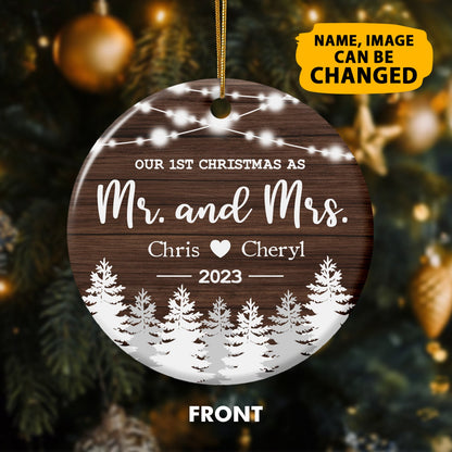 New Married Couple Ornaments Customized Photo And Name Our 1st Christmas Double Sided Printed Ceramic Circle Ornament