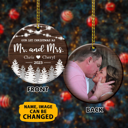 New Married Couple Ornaments Customized Photo And Name Our 1st Christmas Double Sided Printed Ceramic Circle Ornament