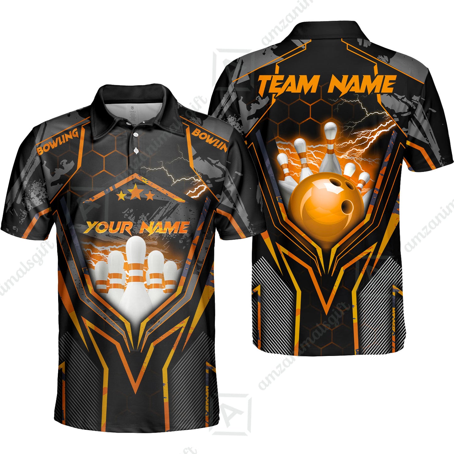 Customized Bowling Jersey, Bowling And Pins Abstract Grunge Texture X Multicolor Option Customized Name And Team Name Zipper Polo Jerseys Shirts