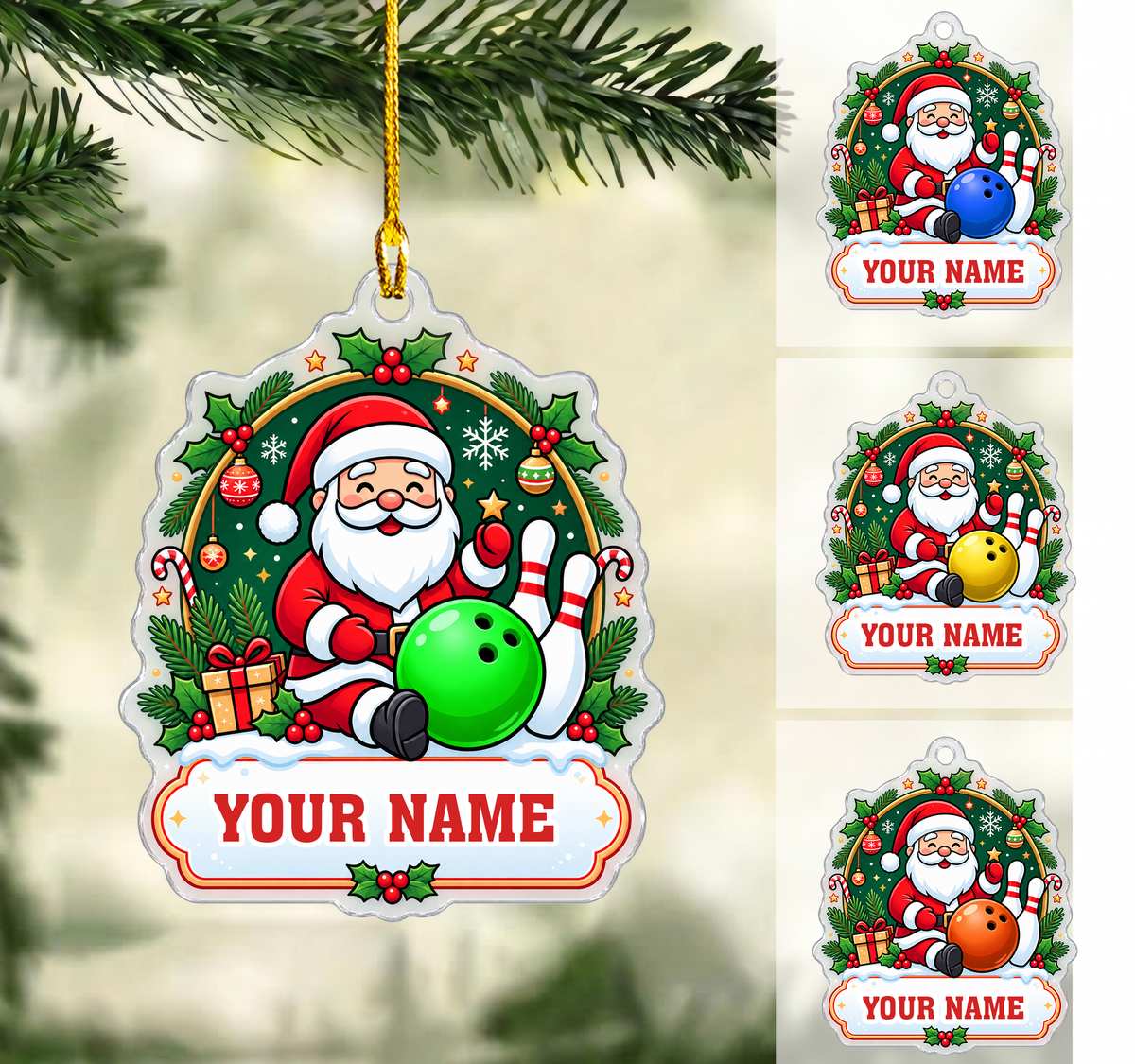Personalized Bowling Christmas Ornament, Cute Santa With Ball And Pins, Custom Ornament Christmas Gift, Keychain Bowling, Car Ornament Bowling