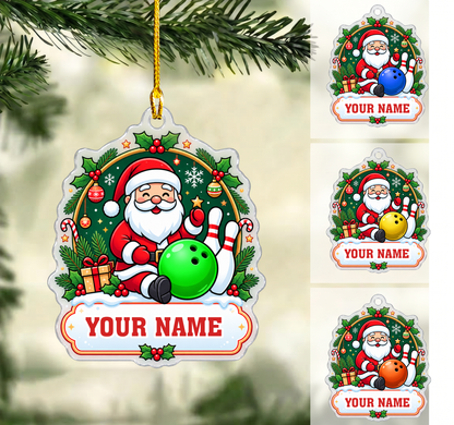 Personalized Bowling Christmas Ornament, Cute Santa With Ball And Pins, Custom Ornament Christmas Gift, Keychain Bowling, Car Ornament Bowling