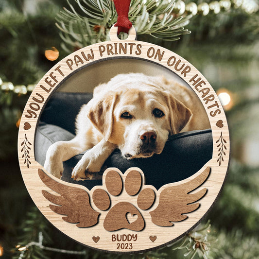 Custom Dog Photo Wood Ornament, Custom 2 Layers Wooden Ornament, Paw Prints On My Heart - Christmas Ornament Gift For Dog Lovers, Pet Lovers