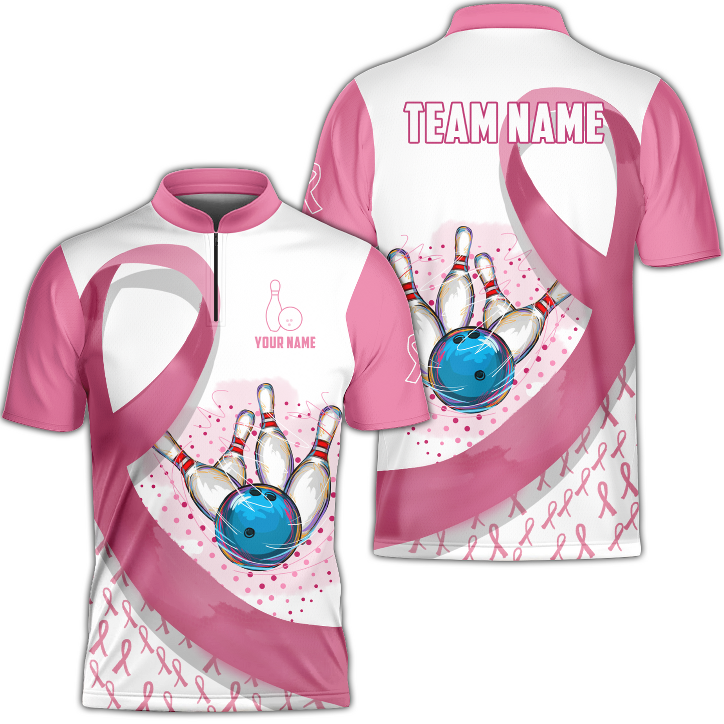 Custom Bowling Team Uniform Jerseys Pink Ribbon and Dots with Blue Bowling Ball Striking Pins, Personalized Name And Team Name