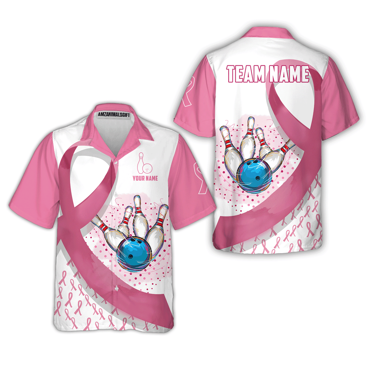 Custom Bowling Team Uniform Jerseys Pink Ribbon and Dots with Blue Bowling Ball Striking Pins, Personalized Name And Team Name