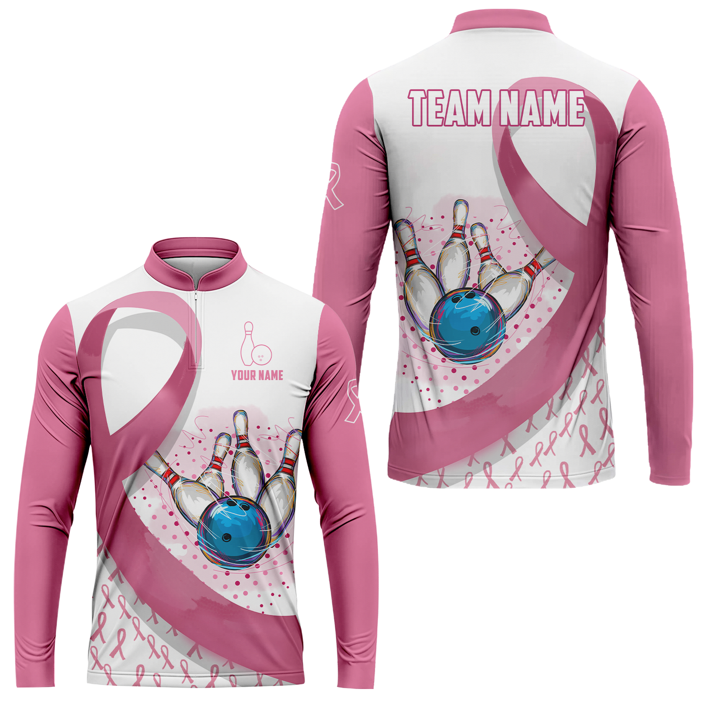 Custom Bowling Team Uniform Jerseys Pink Ribbon and Dots with Blue Bowling Ball Striking Pins, Personalized Name And Team Name