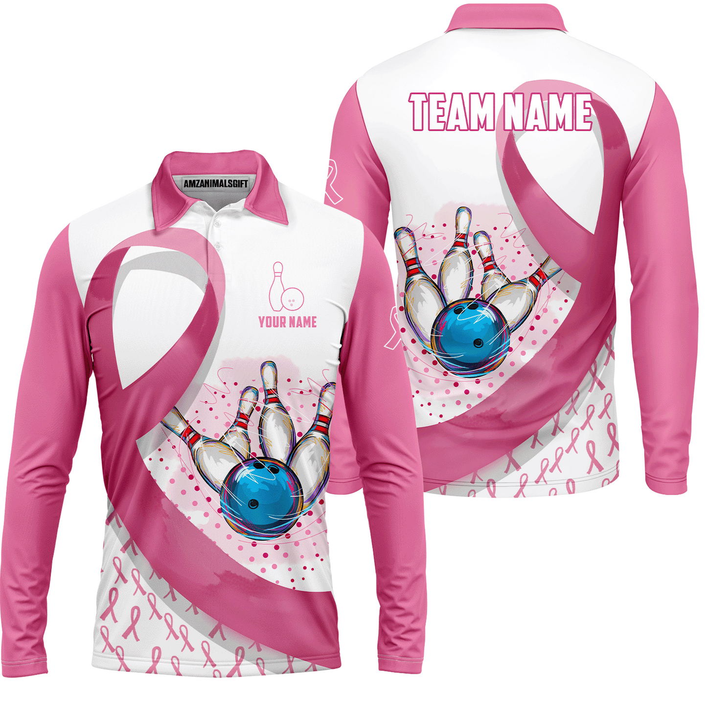 Custom Bowling Team Uniform Jerseys Pink Ribbon and Dots with Blue Bowling Ball Striking Pins, Personalized Name And Team Name