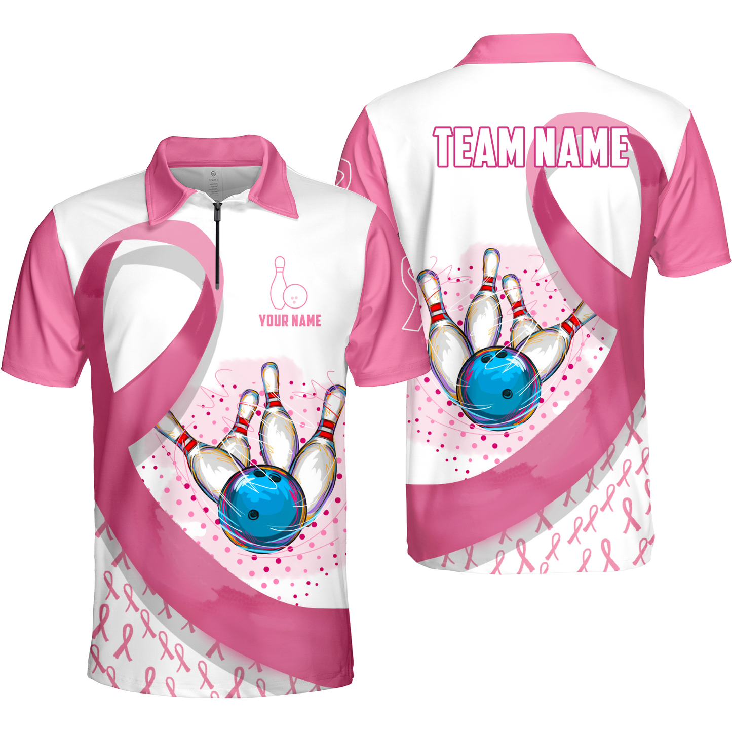 Custom Bowling Team Uniform Jerseys Pink Ribbon and Dots with Blue Bowling Ball Striking Pins, Personalized Name And Team Name