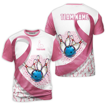Custom Bowling Team Uniform Jerseys Pink Ribbon and Dots with Blue Bowling Ball Striking Pins, Personalized Name And Team Name