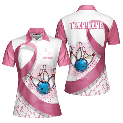 Custom Bowling Team Uniform Jerseys Pink Ribbon and Dots with Blue Bowling Ball Striking Pins, Personalized Name And Team Name