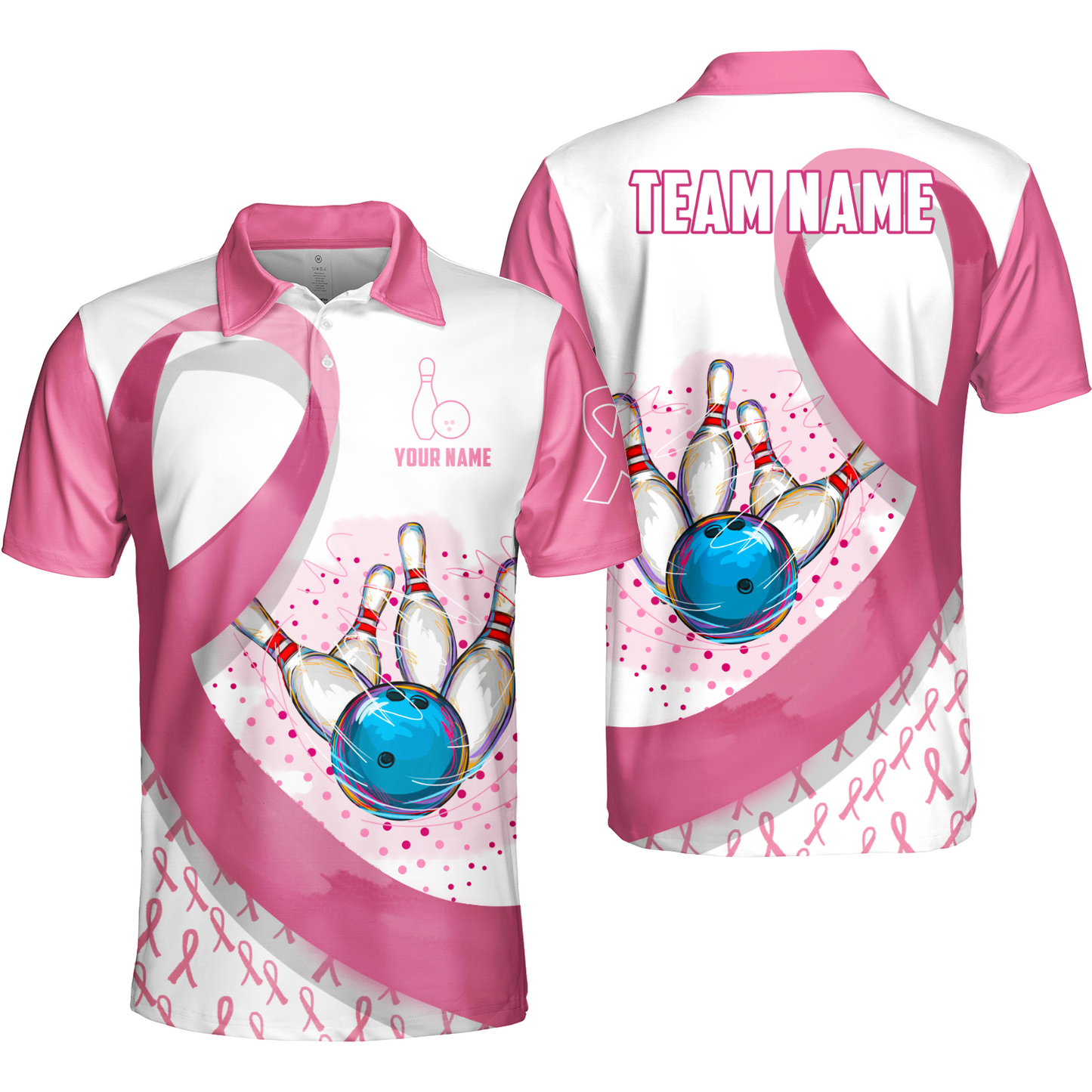 Custom Bowling Team Uniform Jerseys Pink Ribbon and Dots with Blue Bowling Ball Striking Pins, Personalized Name And Team Name
