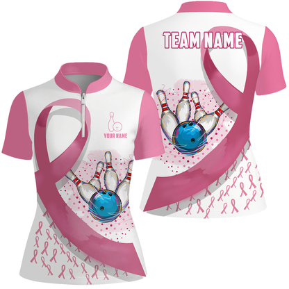 Custom Bowling Team Uniform Jerseys Pink Ribbon and Dots with Blue Bowling Ball Striking Pins, Personalized Name And Team Name
