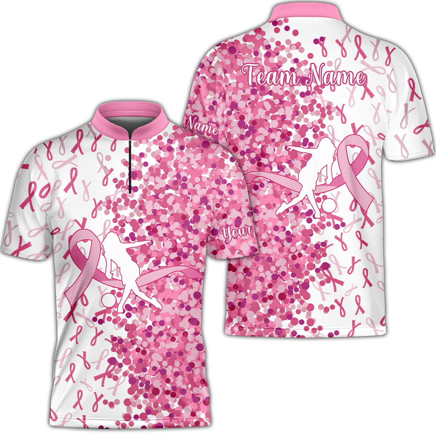 Custom Bowling Team Uniform Jerseys Pink Ribbon and Pink Dots, Bowling Shirt Personalized Name And Team Name