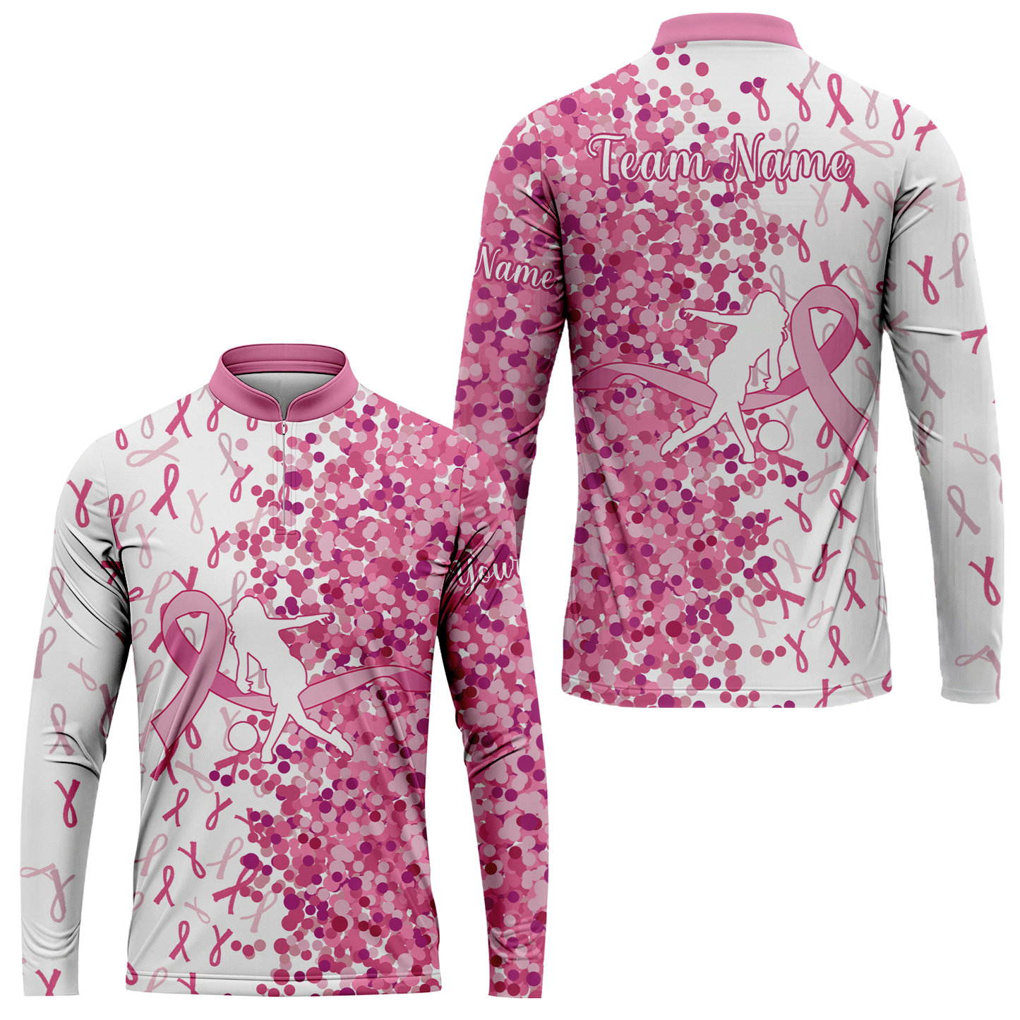 Custom Bowling Team Uniform Jerseys Pink Ribbon and Pink Dots, Bowling Shirt Personalized Name And Team Name