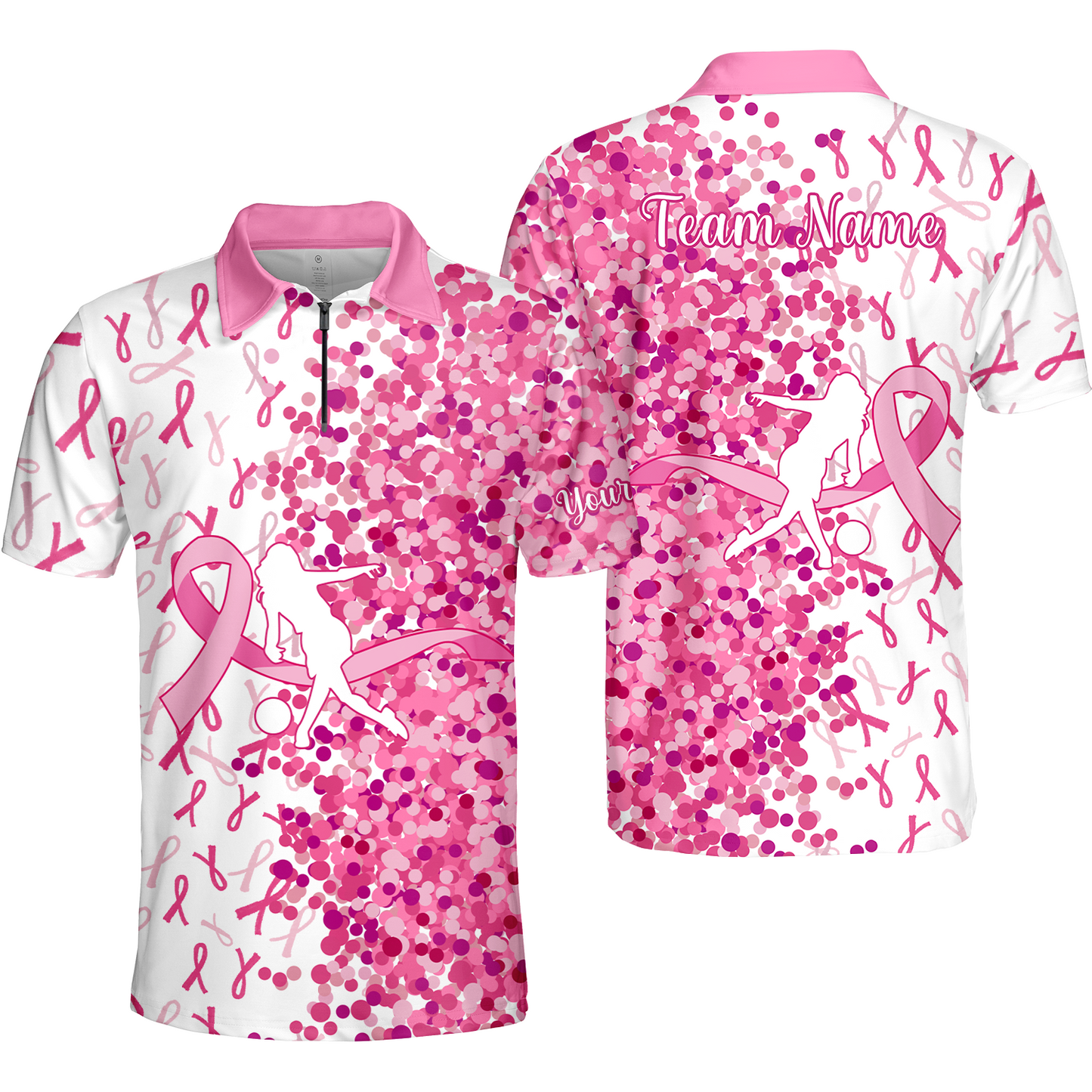 Custom Bowling Team Uniform Jerseys Pink Ribbon and Pink Dots, Bowling Shirt Personalized Name And Team Name