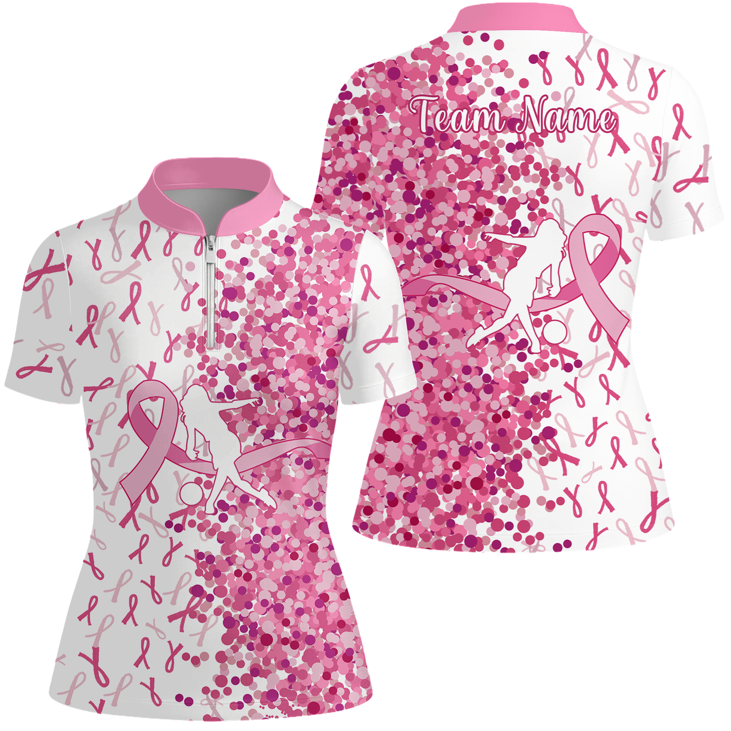 Custom Bowling Team Uniform Jerseys Pink Ribbon and Pink Dots, Bowling Shirt Personalized Name And Team Name