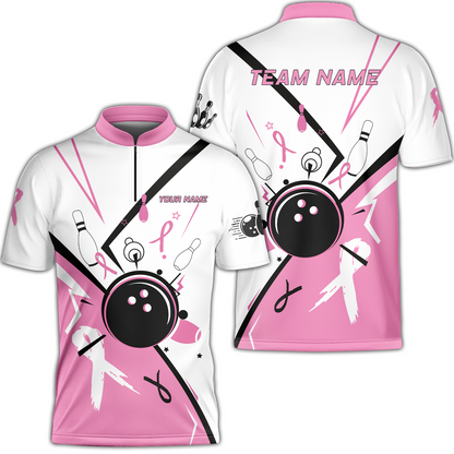 Custom Bowling Team Uniform Jerseys Pink and White sportswear with Ribbon, Bowling Shirt Personalized Name And Team Name