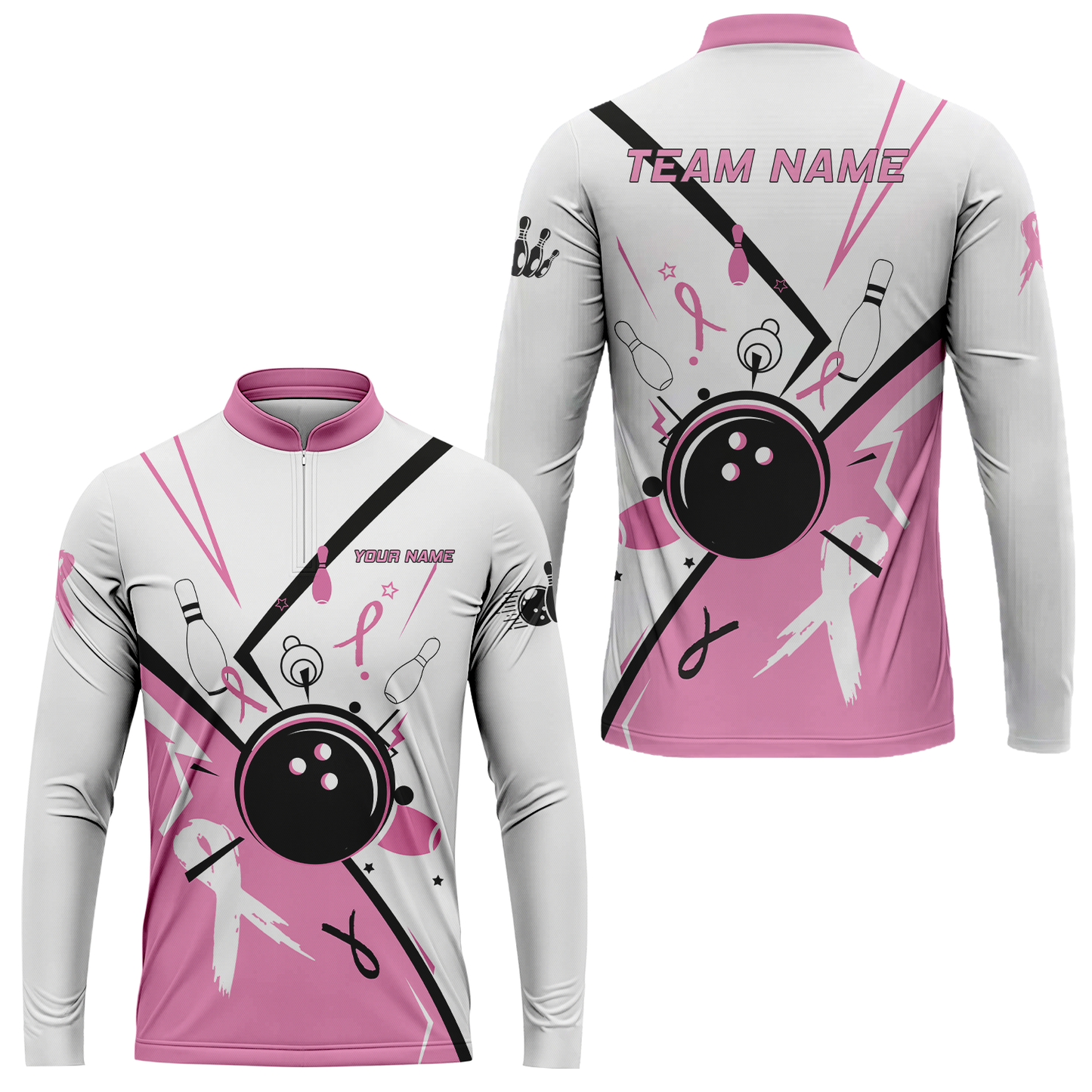 Custom Bowling Team Uniform Jerseys Pink and White sportswear with Ribbon, Bowling Shirt Personalized Name And Team Name
