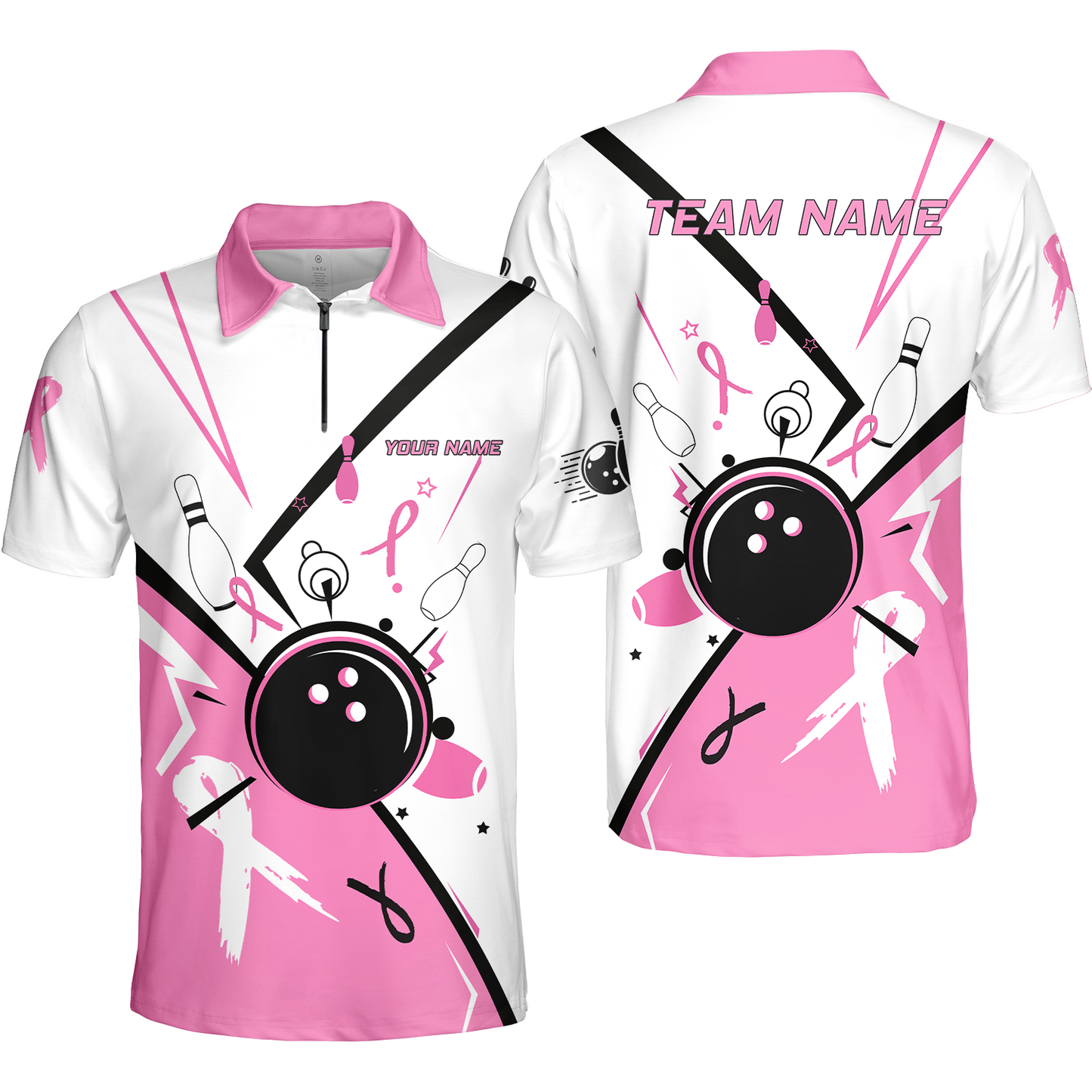 Custom Bowling Team Uniform Jerseys Pink and White sportswear with Ribbon, Bowling Shirt Personalized Name And Team Name