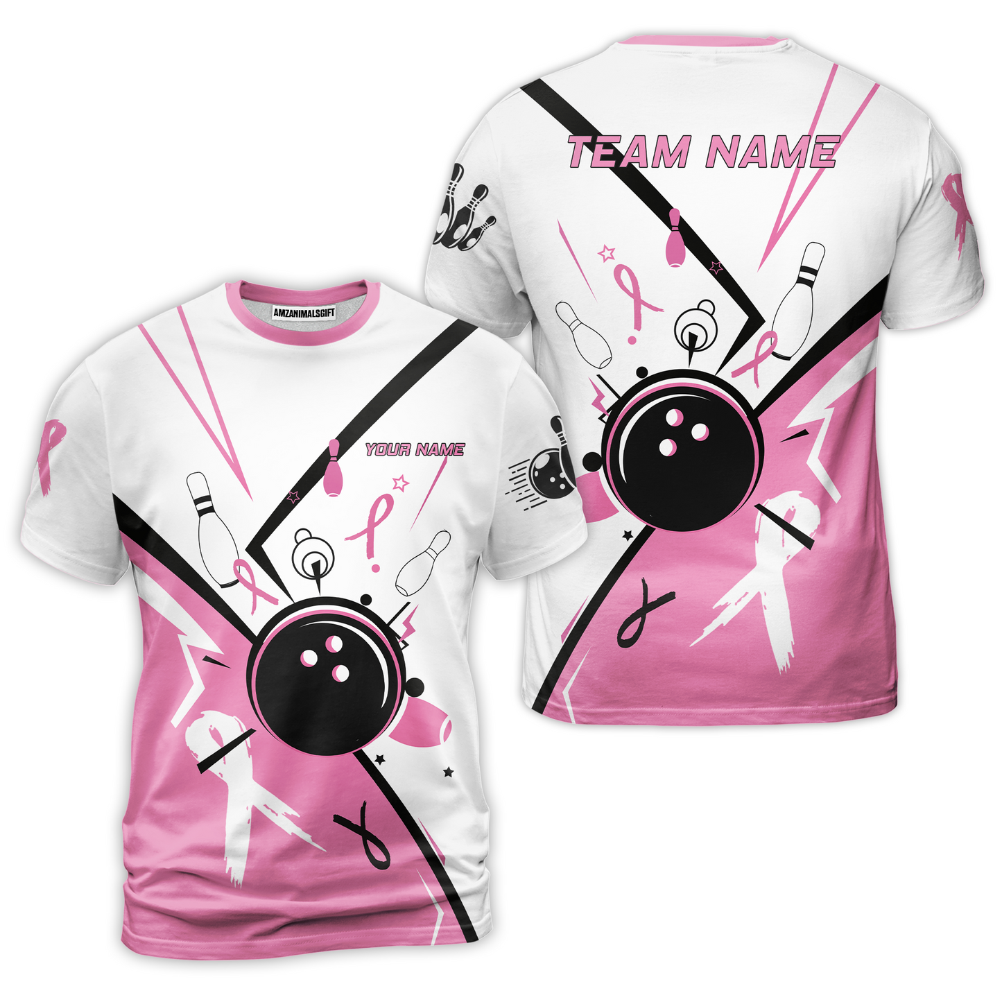 Custom Bowling Team Uniform Jerseys Pink and White sportswear with Ribbon, Bowling Shirt Personalized Name And Team Name