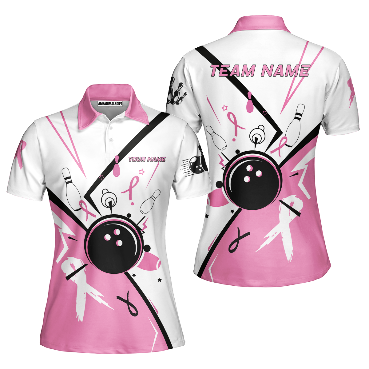 Custom Bowling Team Uniform Jerseys Pink and White sportswear with Ribbon, Bowling Shirt Personalized Name And Team Name