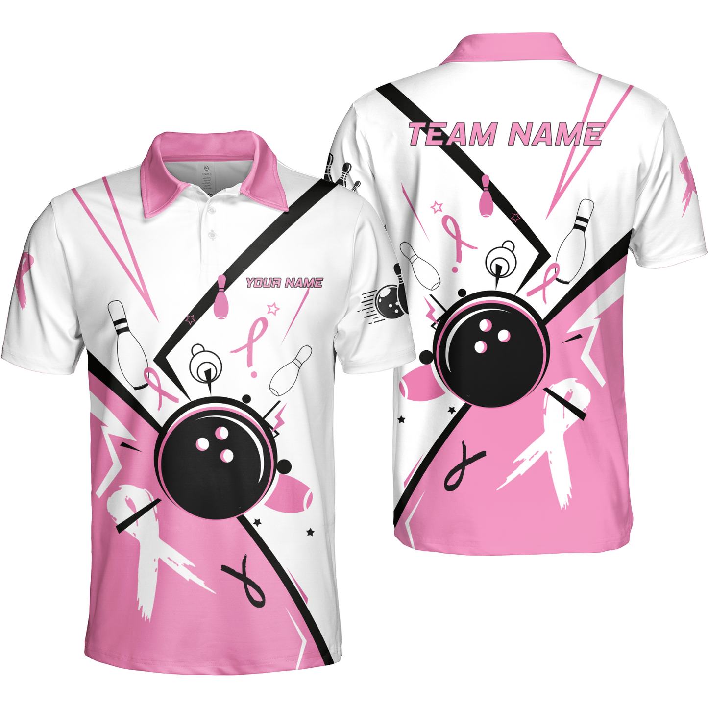 Custom Bowling Team Uniform Jerseys Pink and White sportswear with Ribbon, Bowling Shirt Personalized Name And Team Name