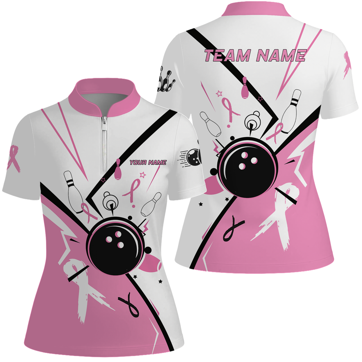 Custom Bowling Team Uniform Jerseys Pink and White sportswear with Ribbon, Bowling Shirt Personalized Name And Team Name