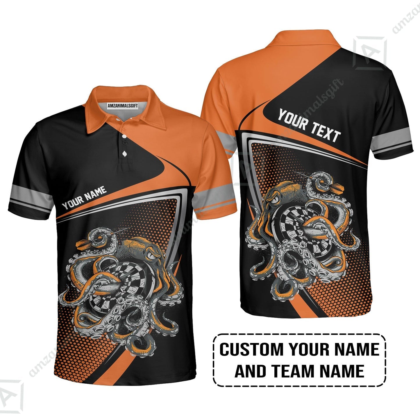 Customized Name & Text Darts Zip Polo Shirt, Personalized Darts And Octopus Zip Polo Shirt