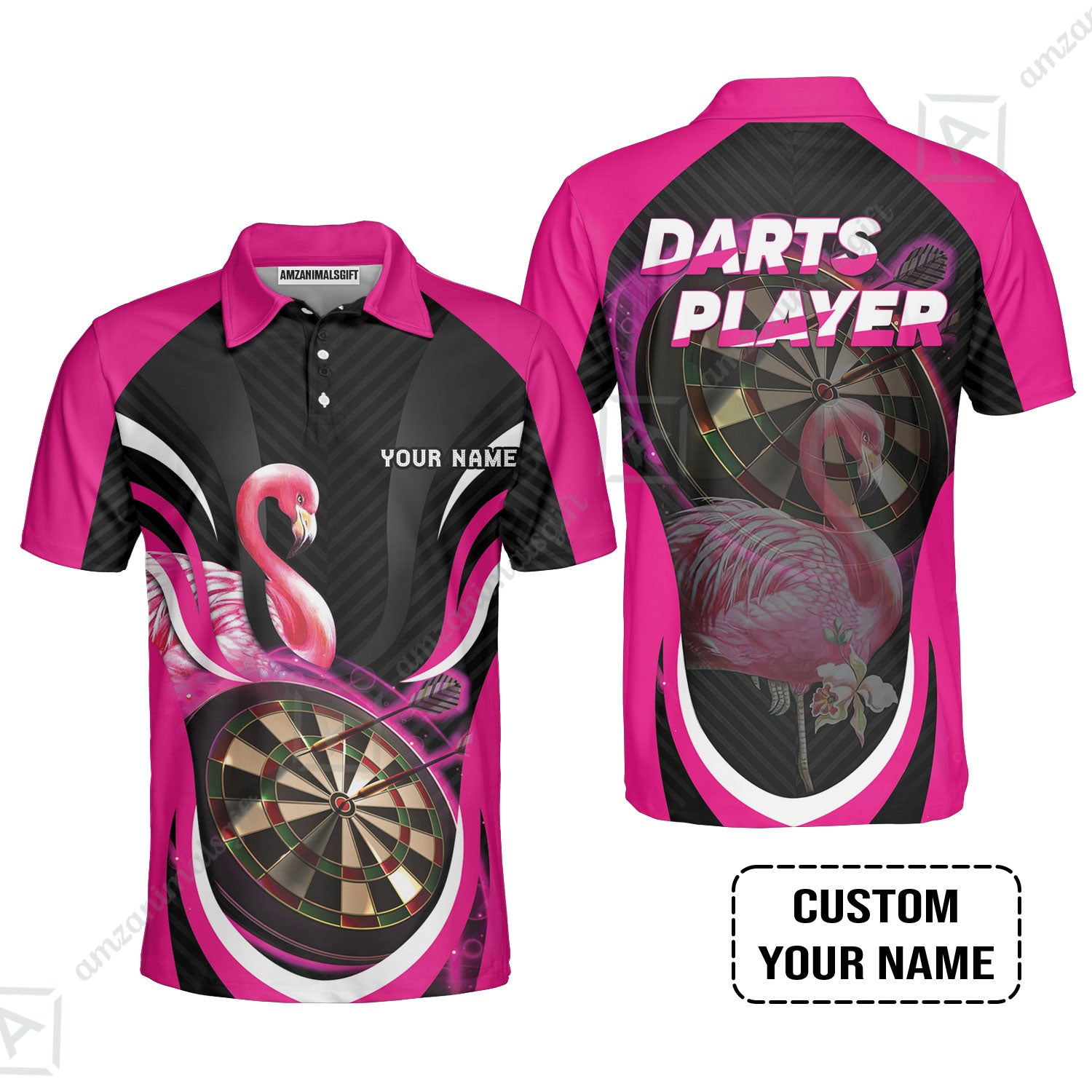 Customized Darts Polo Shirt, Flamingo Darts Shirt, Personalized Name Darts Polo Shirt