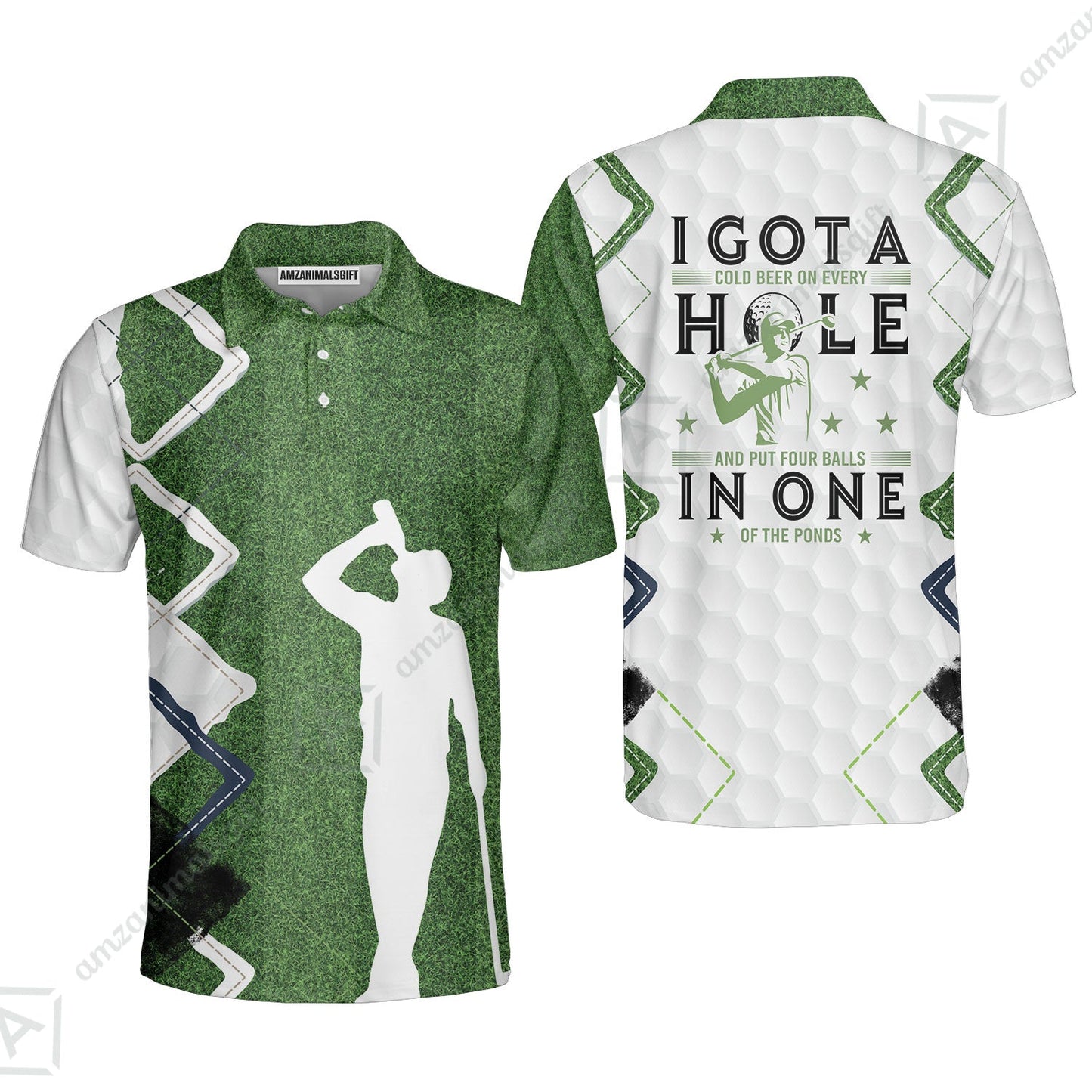 Golf Long Polo Shirt - Green Argyle Golf Shirt, I Got A Cold Beer On Every Hole In One Long Polo Shirt