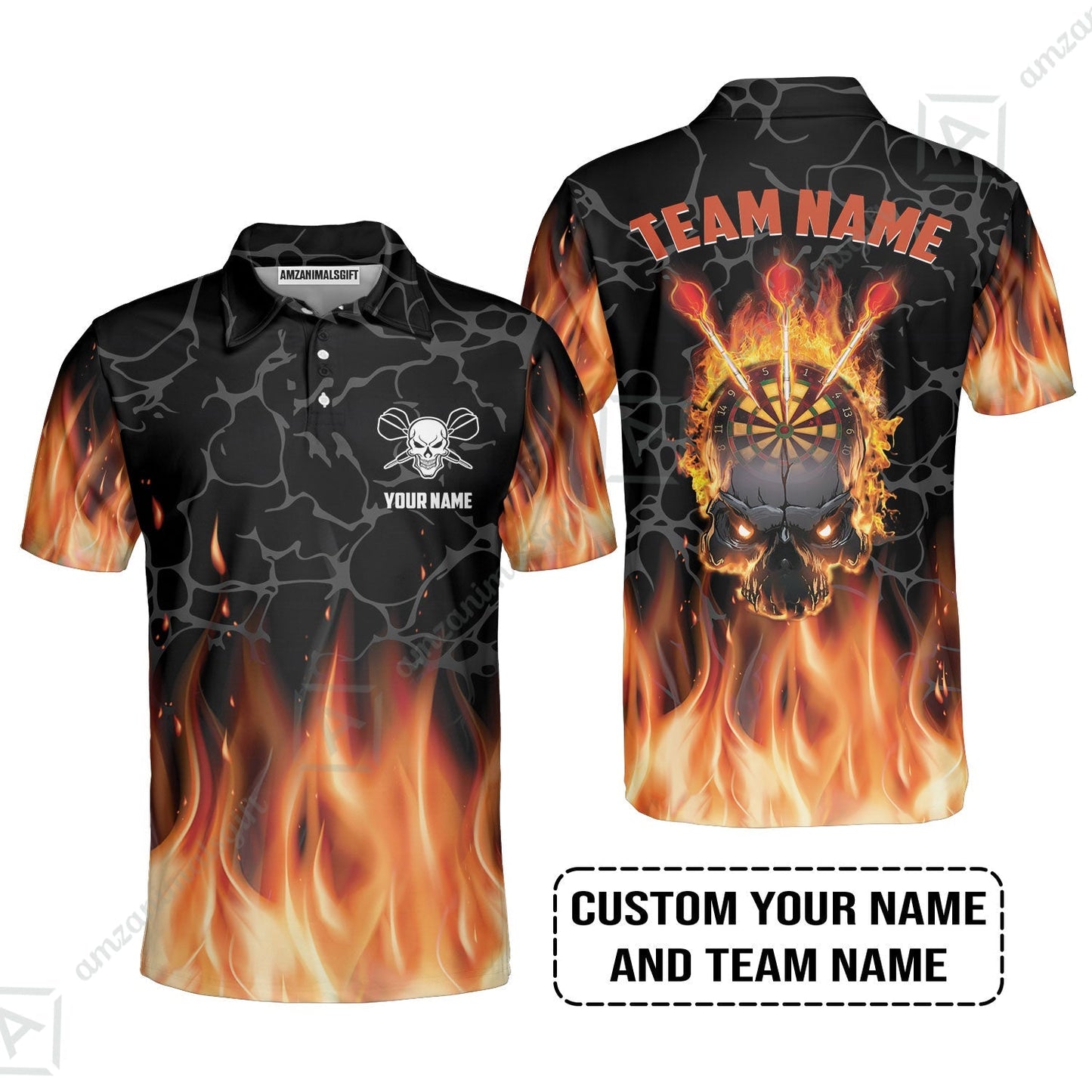 Personalized Darts Zip Polo Shirt - Custom Name & Team Name Orange Flame Skull Darts Zip Polo Shirt