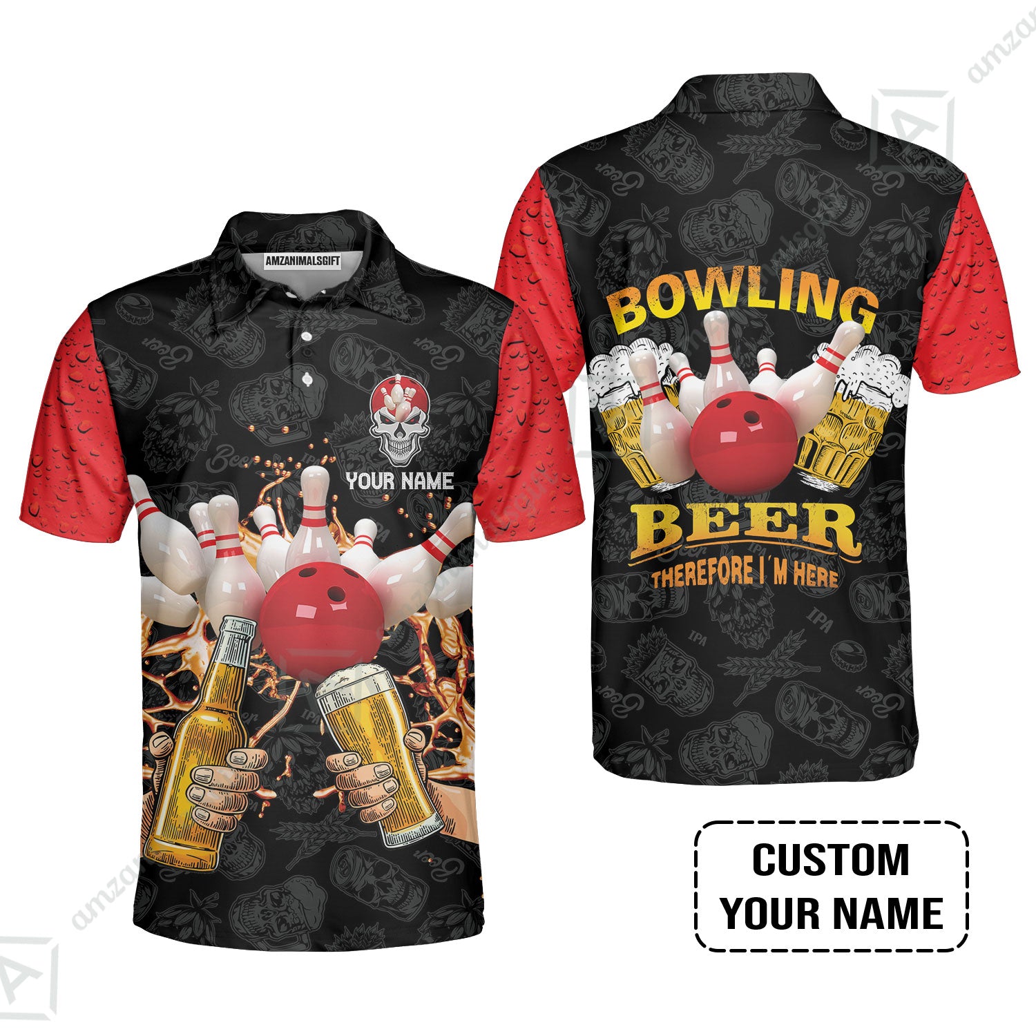 Bowling Polo Shirt Custom Name, Bowling and Beer Black Red Therefore I'm Here Personalized Polo Shirt