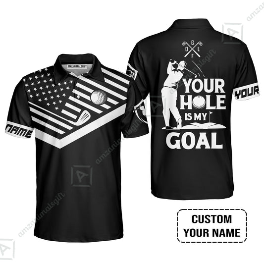 Custom Golf Polo Shirt - Your Hole Is My Goal Custom Name Black American Flag Men Polo Shirt