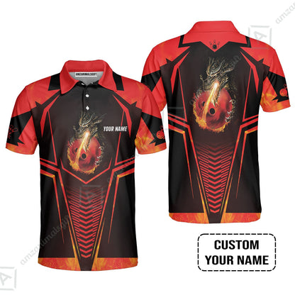 Bowling Custom Long Polo Shirt, Custom Name Dragon Fire Flame Personalized Bowling Long Polo Shirt