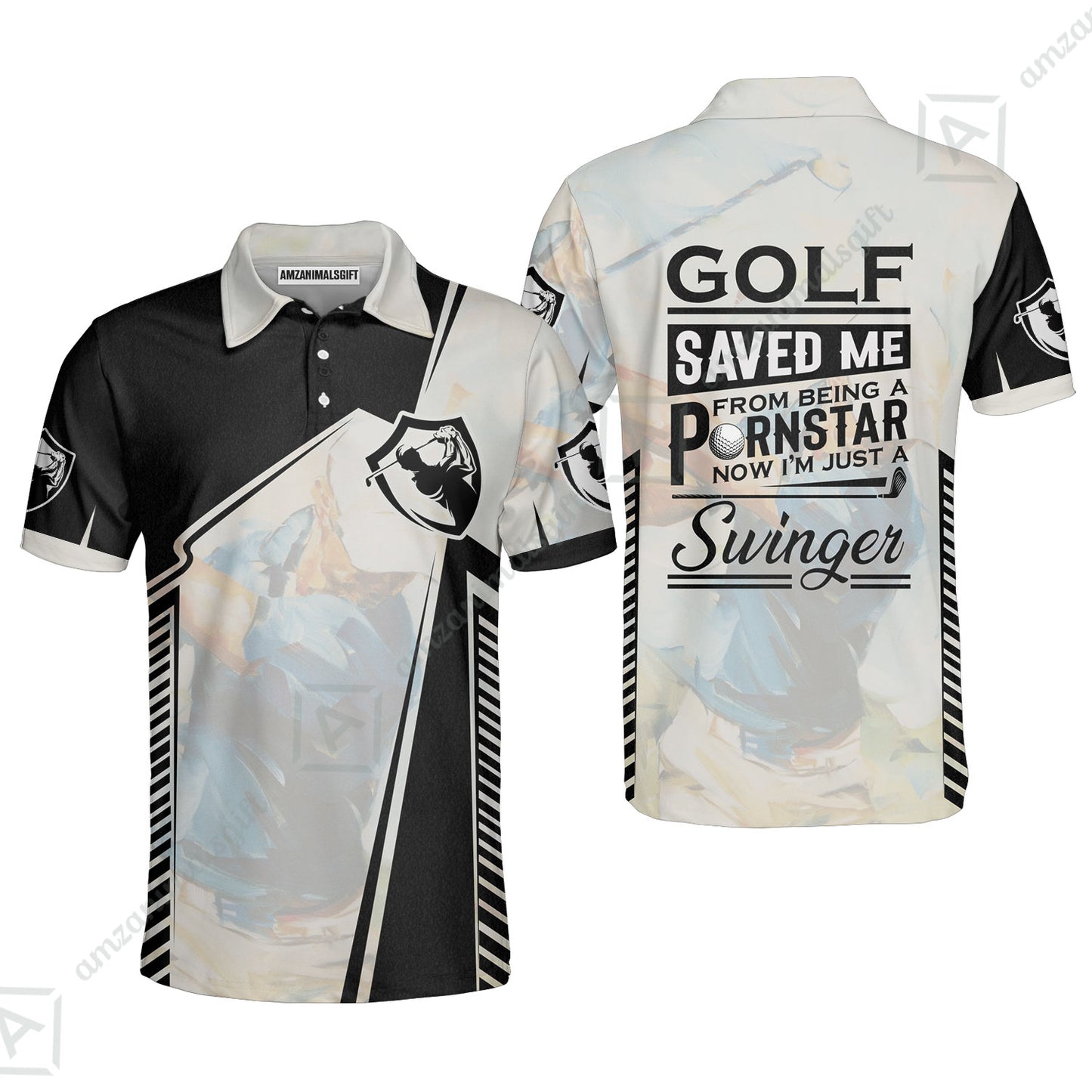 Black And White Men Polo Shirt, Golf Saved Me Golfing Polo Shirt