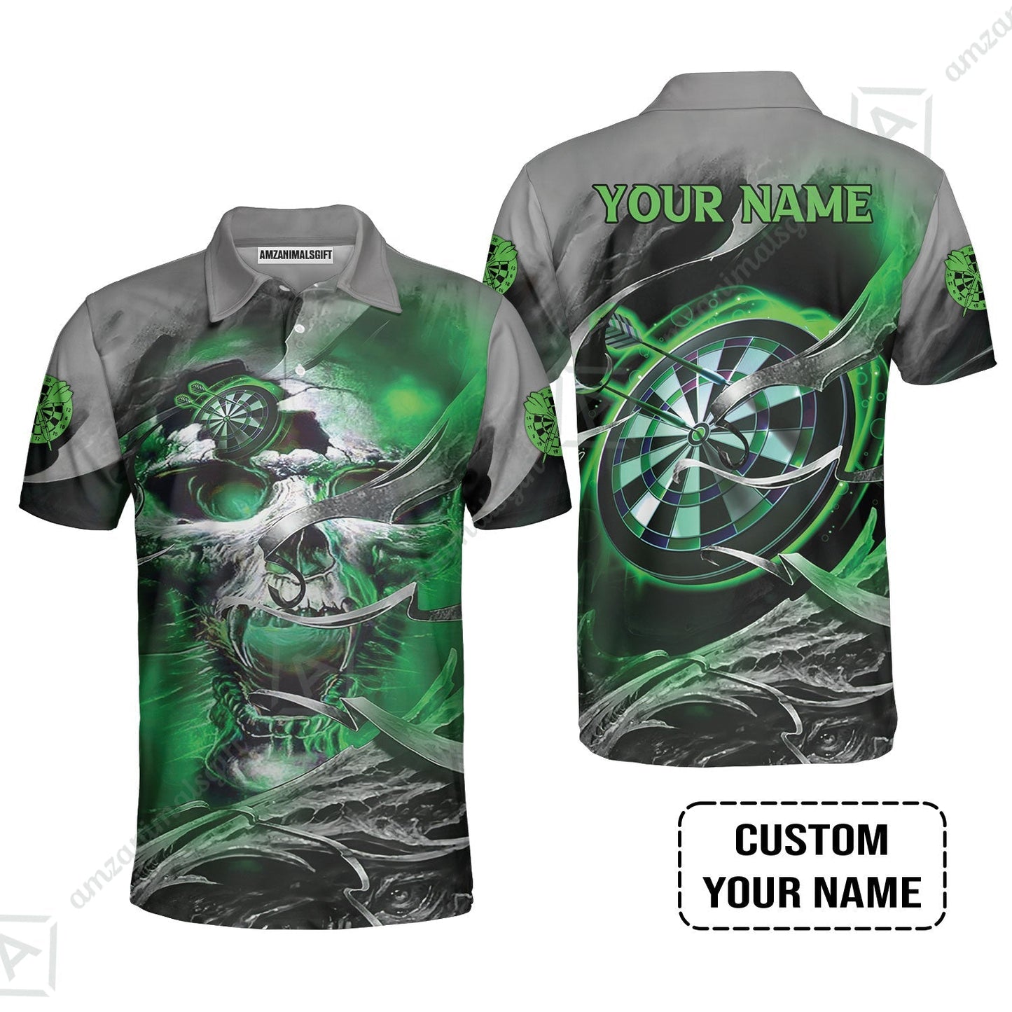 Customized Name Darts Zip Polo Shirt, Green Skull Light Dartboard Personalized Zip Polo Shirt
