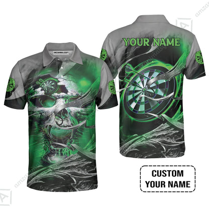 Customized Name Darts Zip Polo Shirt, Green Skull Light Dartboard Personalized Zip Polo Shirt