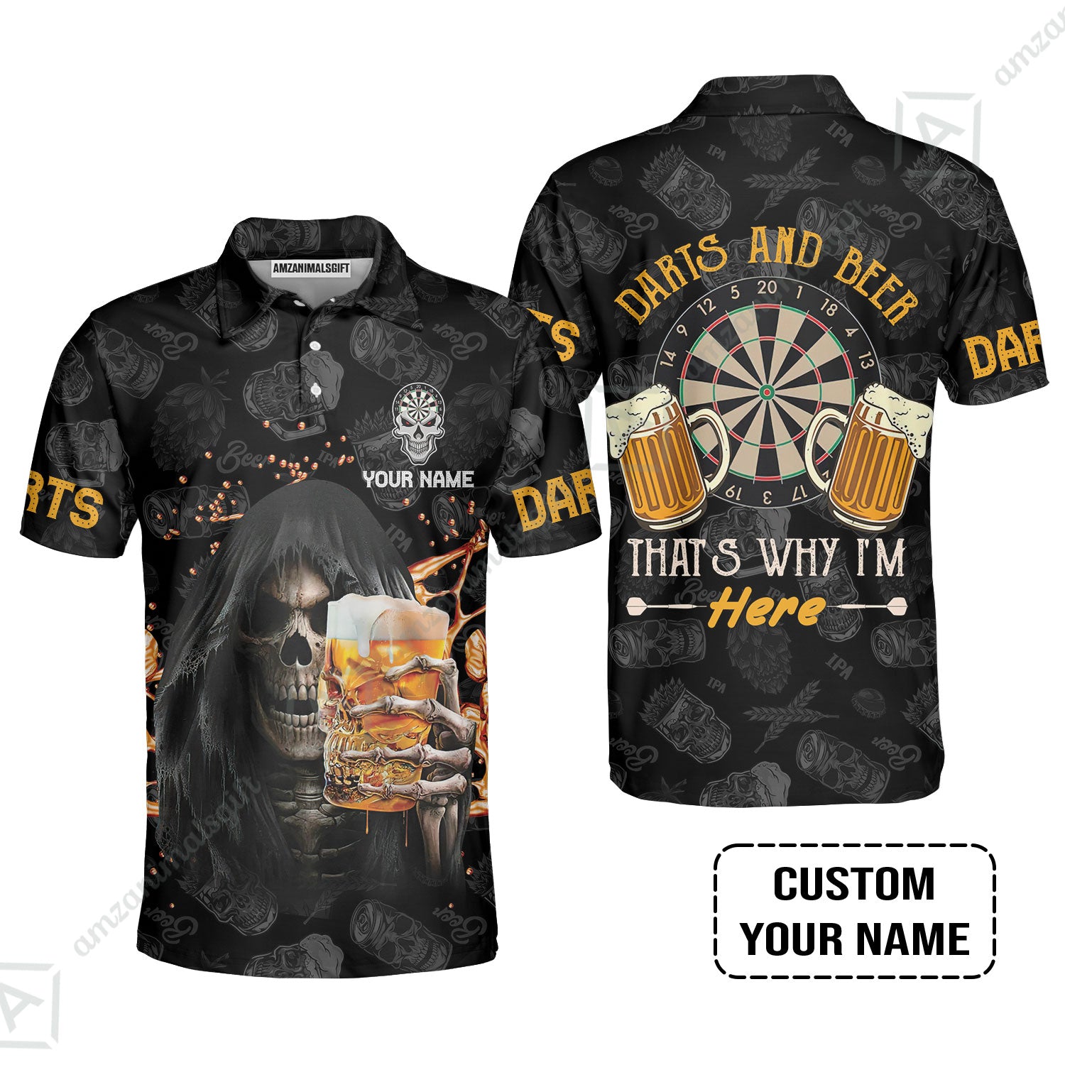 Customized Name Darts Polo Shirt, Darts And Beer That's Why I'm Here Personalized Skull And Darts Polo Shirt