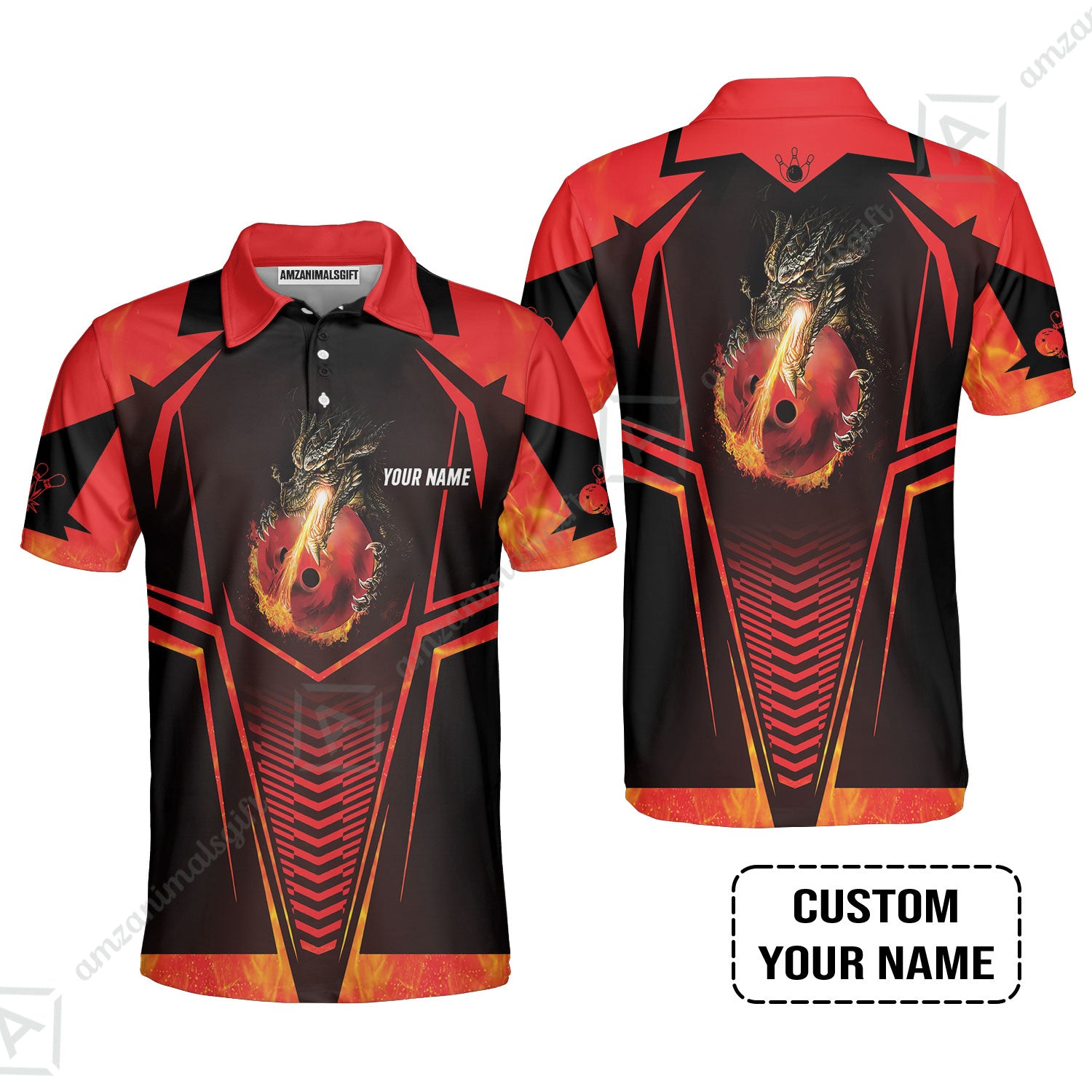 Bowling Custom Polo Shirt, Custom Name Dragon Fire Flame Personalized Bowling Polo Shirt