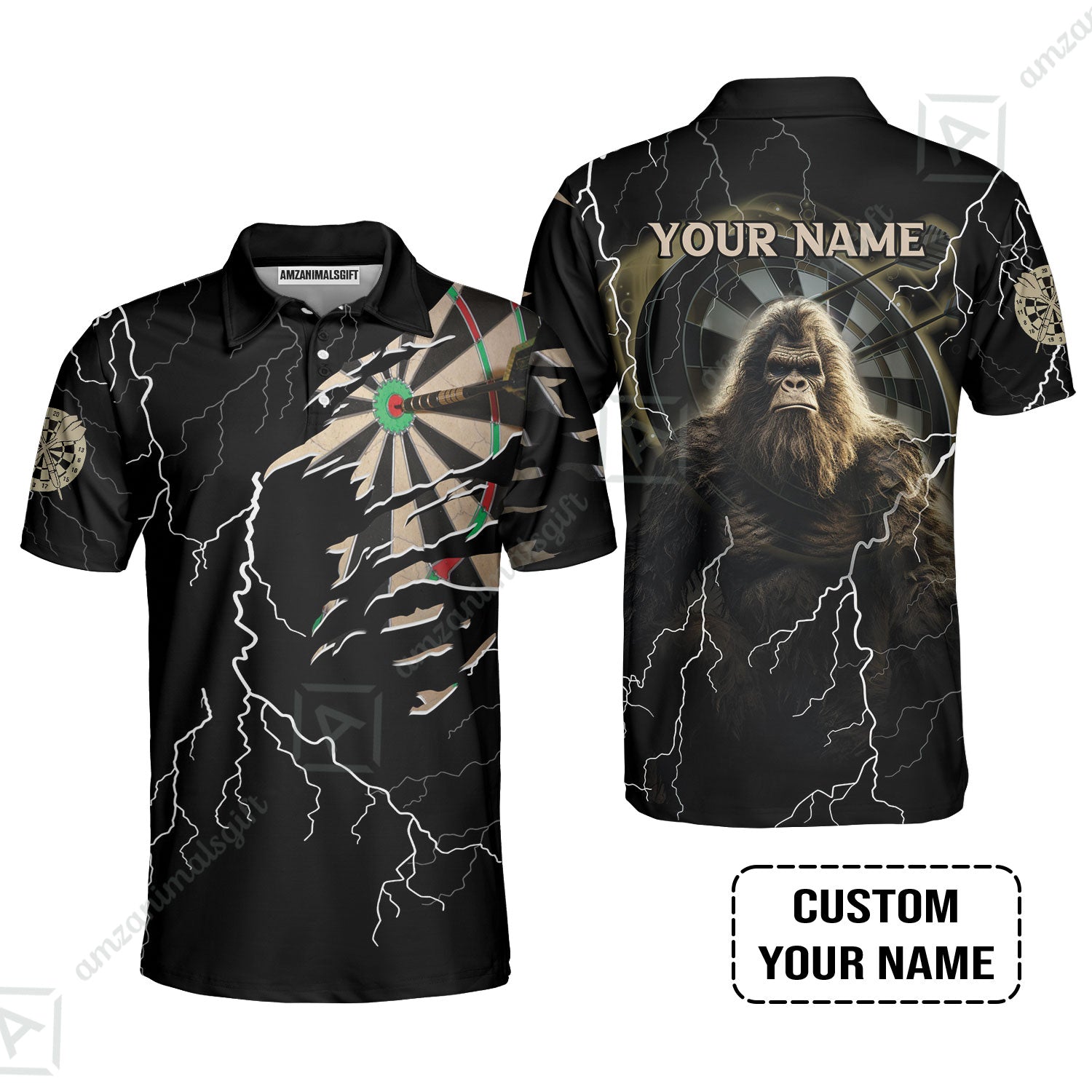 Customized Name Darts Men Polo Shirt, Bullseye Dartboard Personalized Bigfoot And Darts Polo Shirt